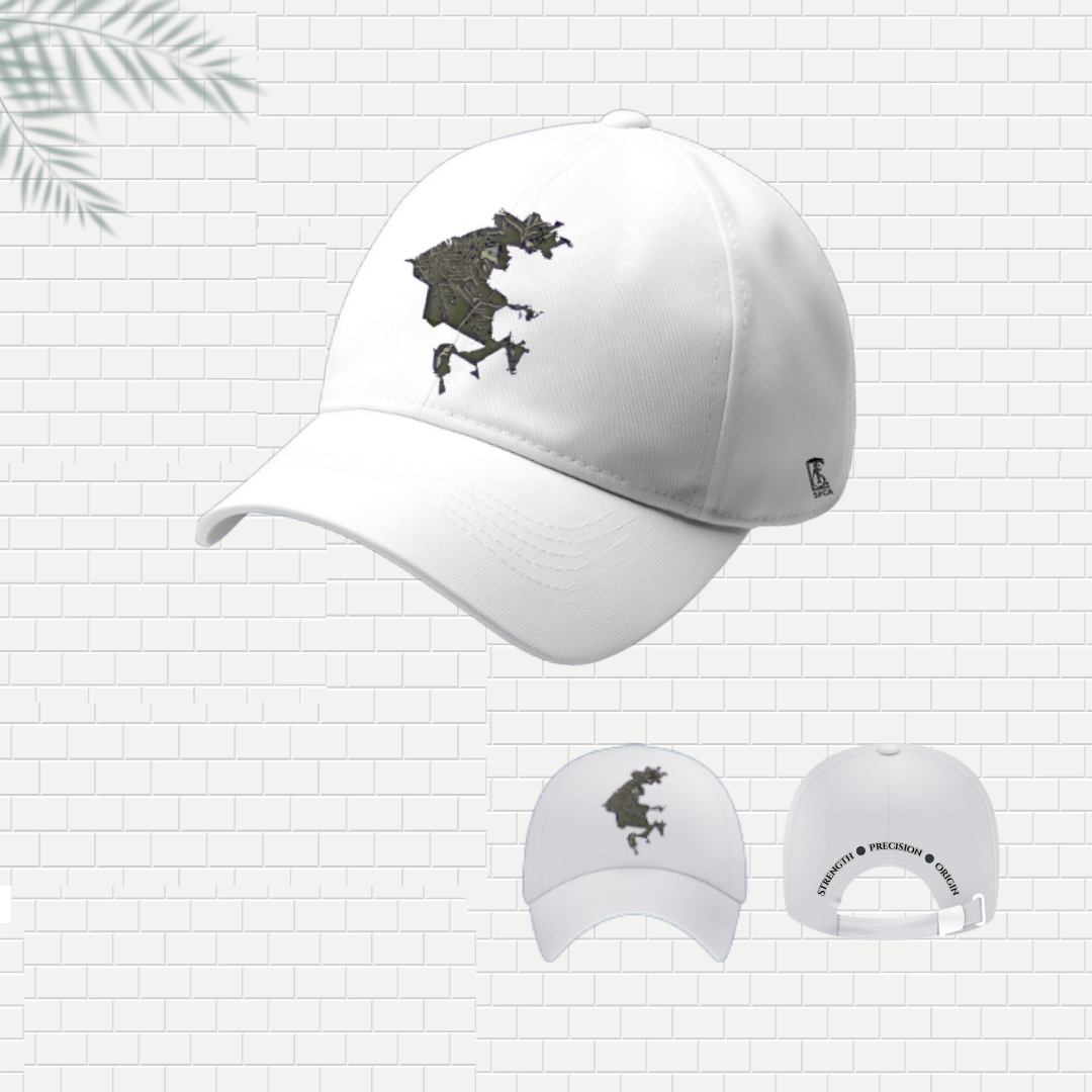 White cap with embroidered design on a light gray tiled background